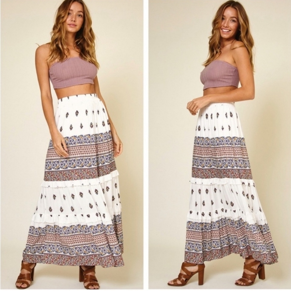 Boho Floral Tiered Maxi Skirt in White